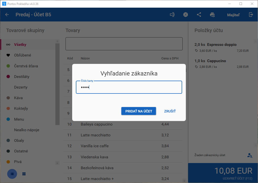 Vyhľadanie zákazníckeho úču v aplikácii PORTOS Pokladňa s vypnutou možnosťou "Povoliť prezeranie zoznamu zákazníckych účtov"